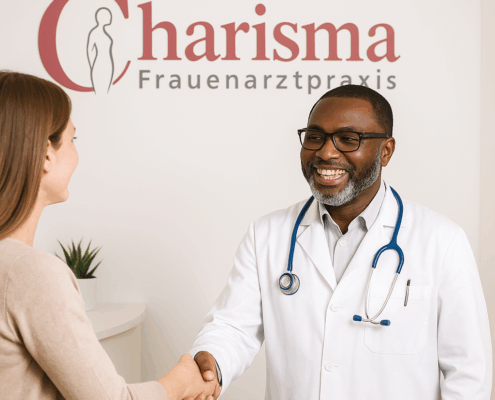 Arzt begrüsst eine Patientin in der Charisma Frauenarztpraxis in Wolhusen